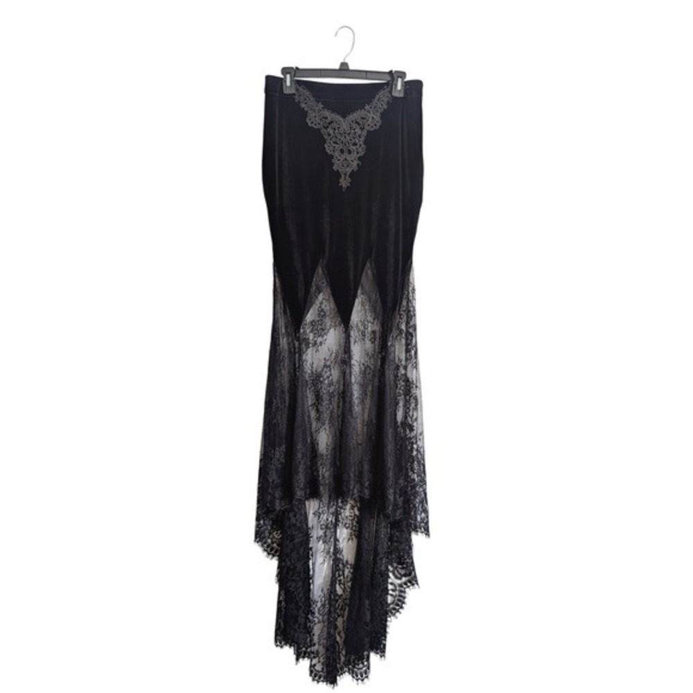 Dolls Kill Widow Black Whimsigoth Velvet Brocade Lace Long Train Maxi Skirt